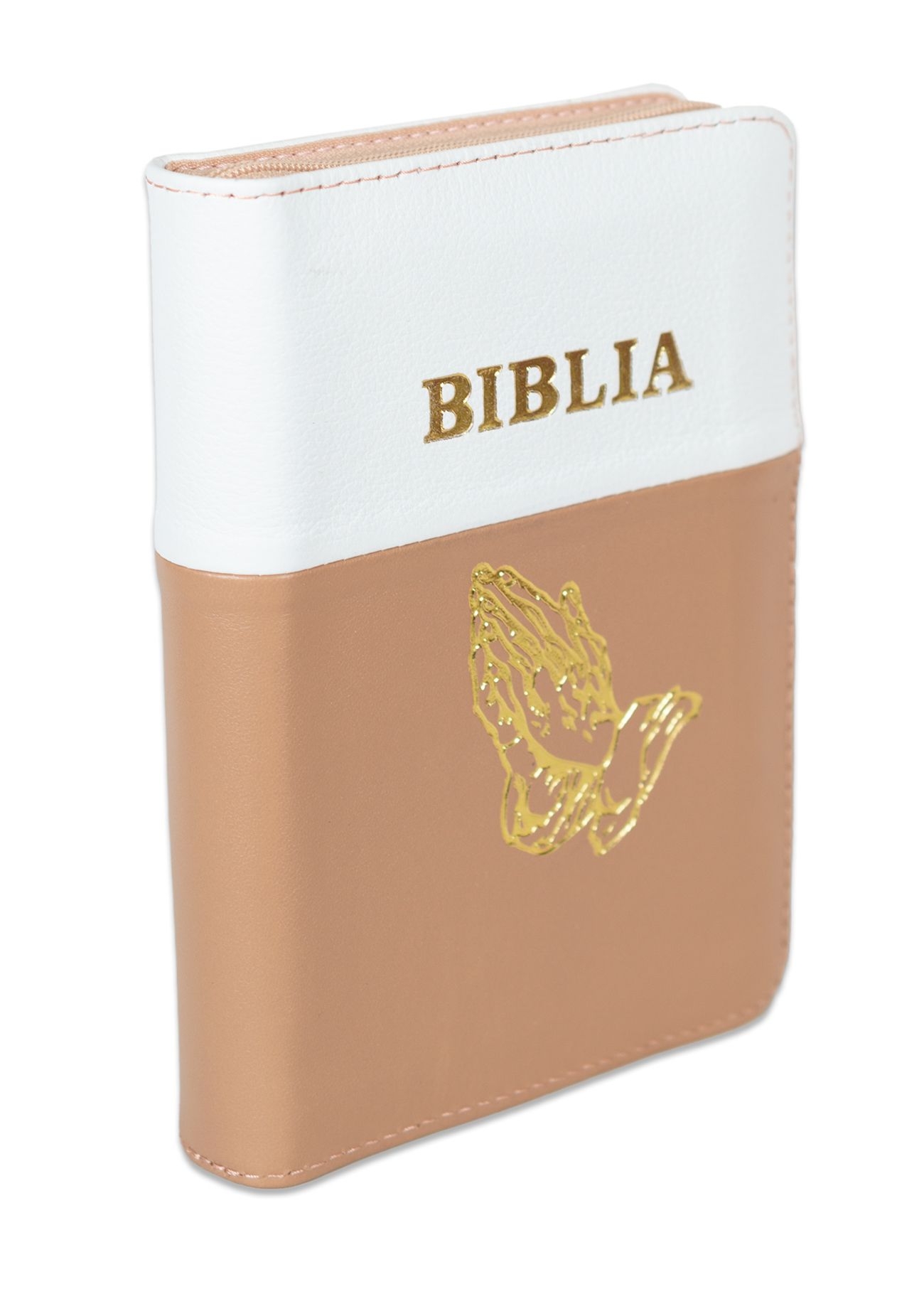 Biblia format mic, din piele, culoare alb cu roz pal, index, fermoar, margini argintii, simbolul maini in ruga, cuv. lui Isus in rosu [047 PFI]