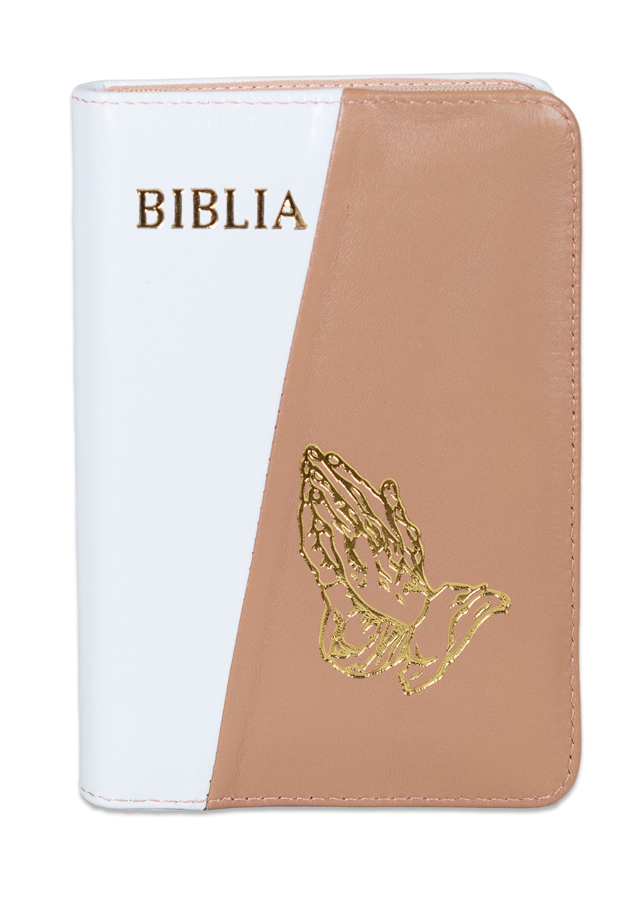Biblia format mic, din piele, culoare alb cu cappucino,dex, fermoar, margini argintii, simbolul maini in rugaciune, cuv. lui Isus in rosu [047 PFI]