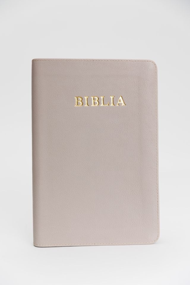 Biblie mare, piele, crem cafeniu, fermoar, index, margini aurii, cuv. Isus cu rosu [SI 073 PFI]