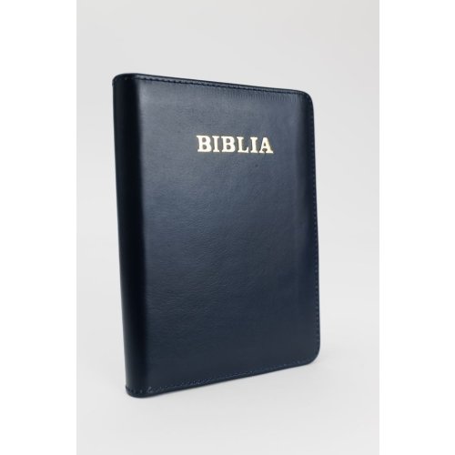 Biblie din piele, marime medie, albastru închis, fermoar, index, margini aurii, cuv. lui Isus cu rosu [SB 057 PFI]
