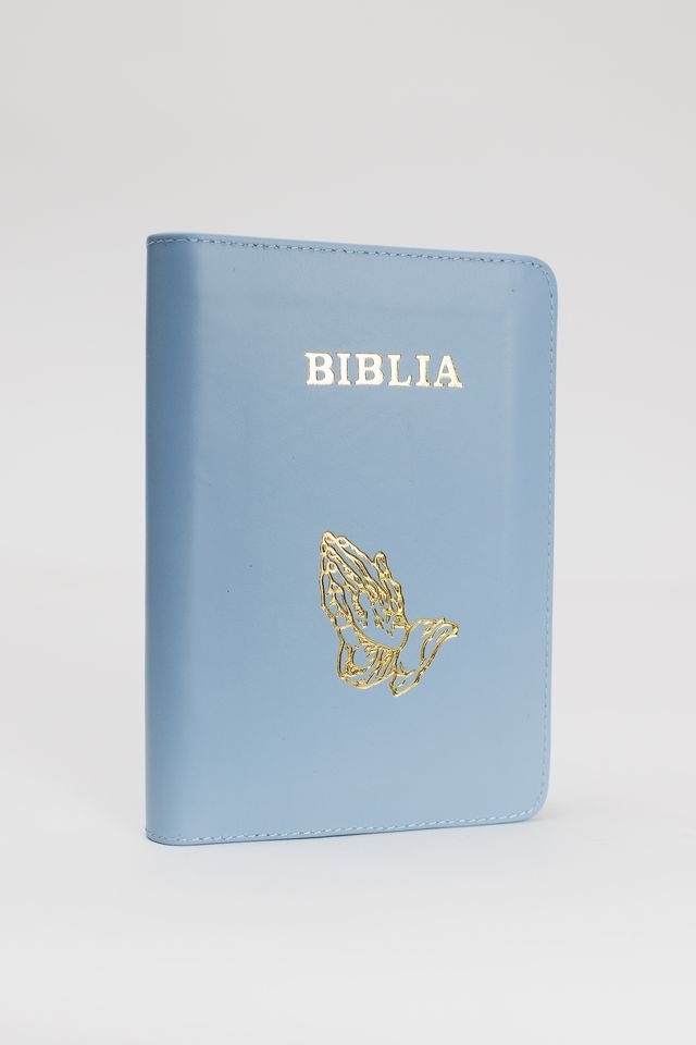Biblia mica, piele, baby blue, index, fermoar, margini aurii,  simbolul maini, cuv. lui Isus in rosu [047 PFI]