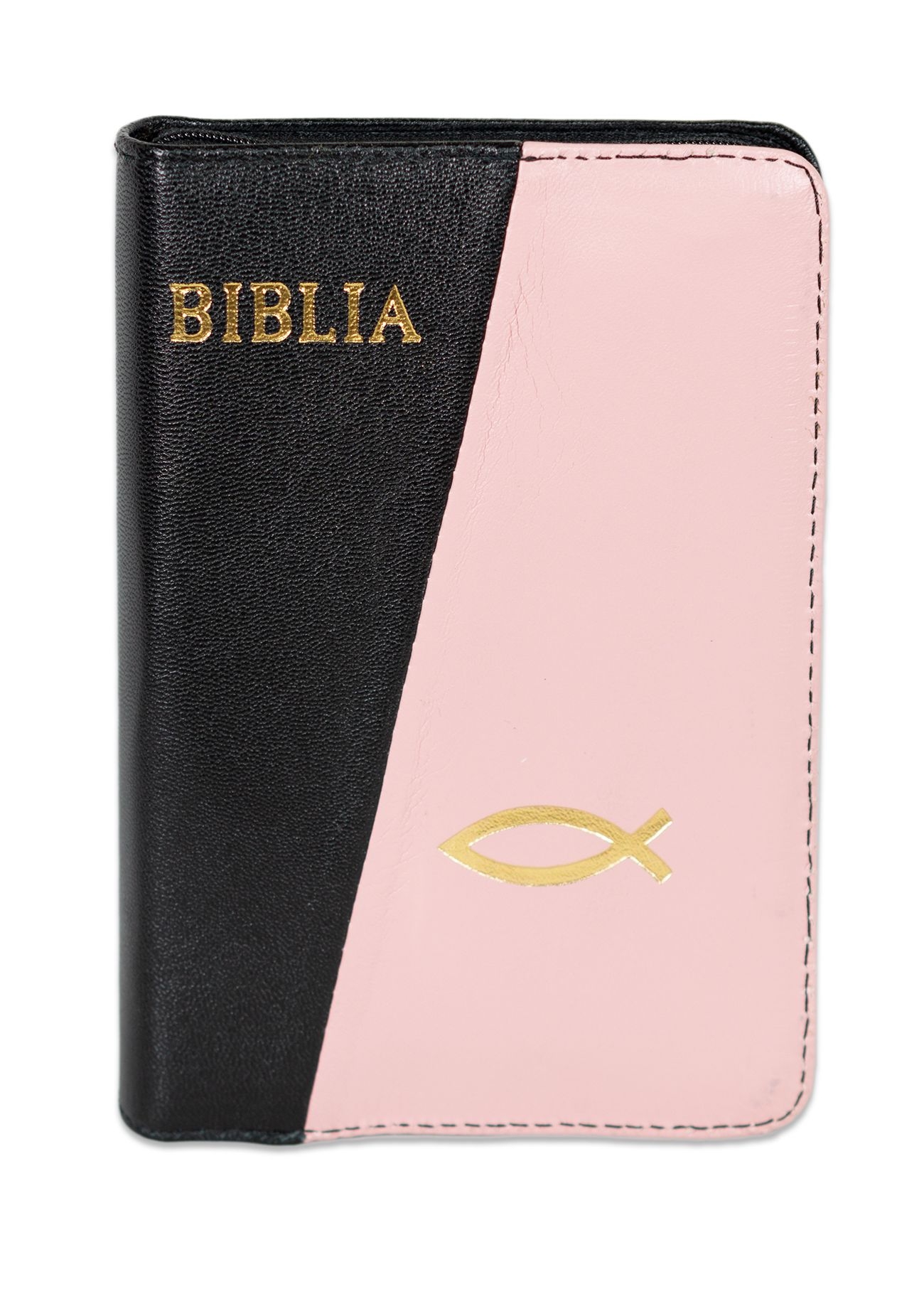 Biblia format mic, din piele, culoare negru cu roz pal, index, fermoar, margini argintii, simbolul peste, cuv. lui Isus in rosu [047 PFI]