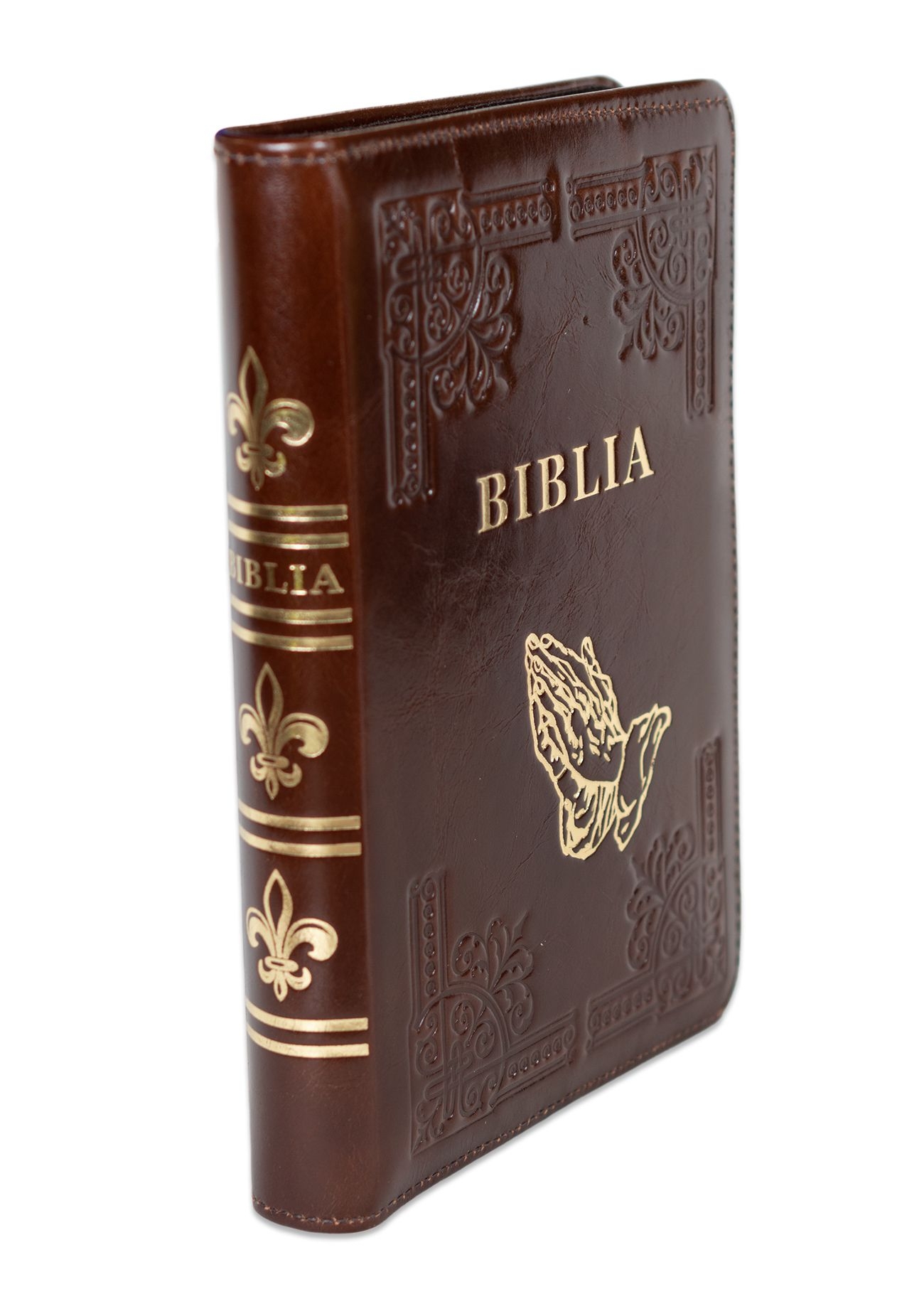 Biblia din piele, handmade, marime medie, culoare maro ,fermoar, simbol maini in rugaciune, margini aurii cu index, cuv. lui Isus cu rosu [057 HM]
